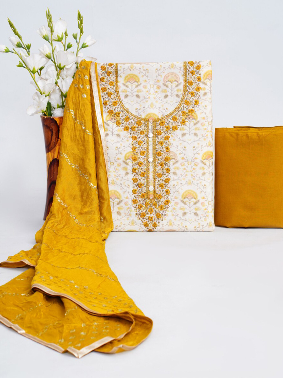 

KALINI Floral Printed Sequinned Chanderi Silk Unstitched Dress Material, Gold