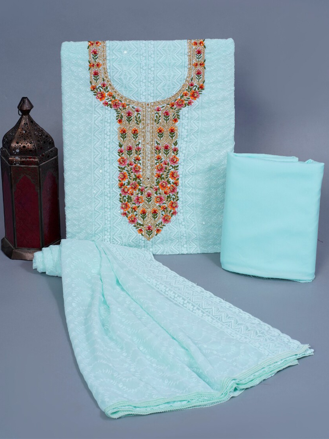 

KALINI Floral Embroidered Sequinned Pure Cotton Unstitched Dress Material, Sea green