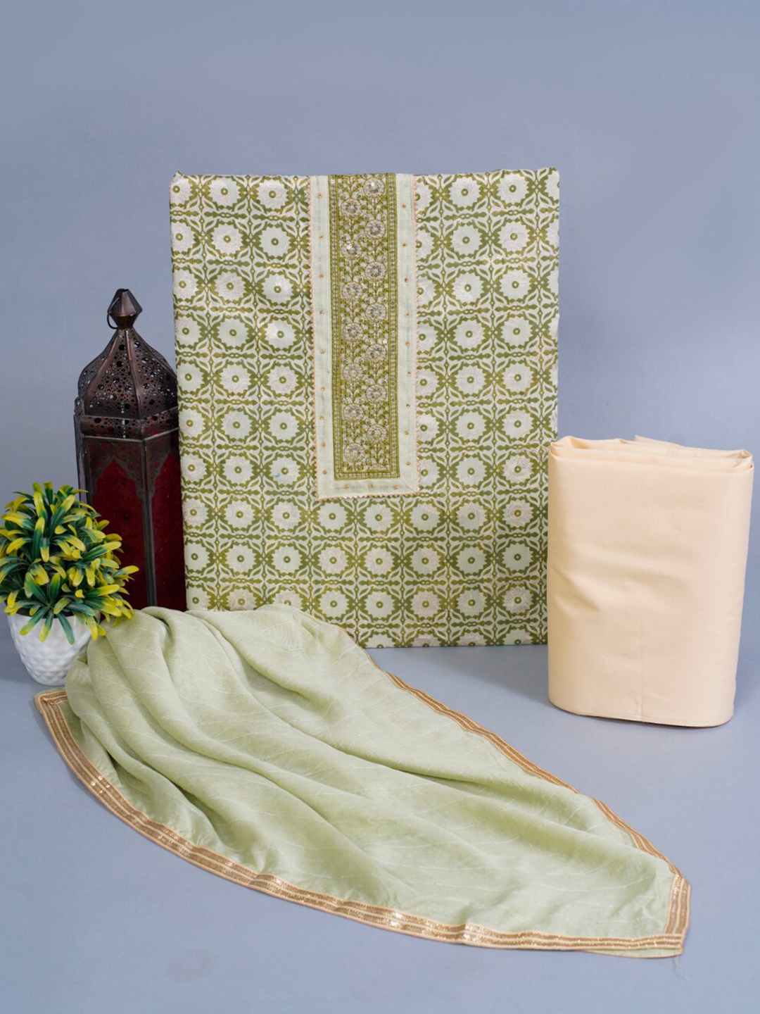 

KALINI Ethnic Motifs Woven Design Gotta Patti Chanderi Silk Unstitched Dress Material, Green