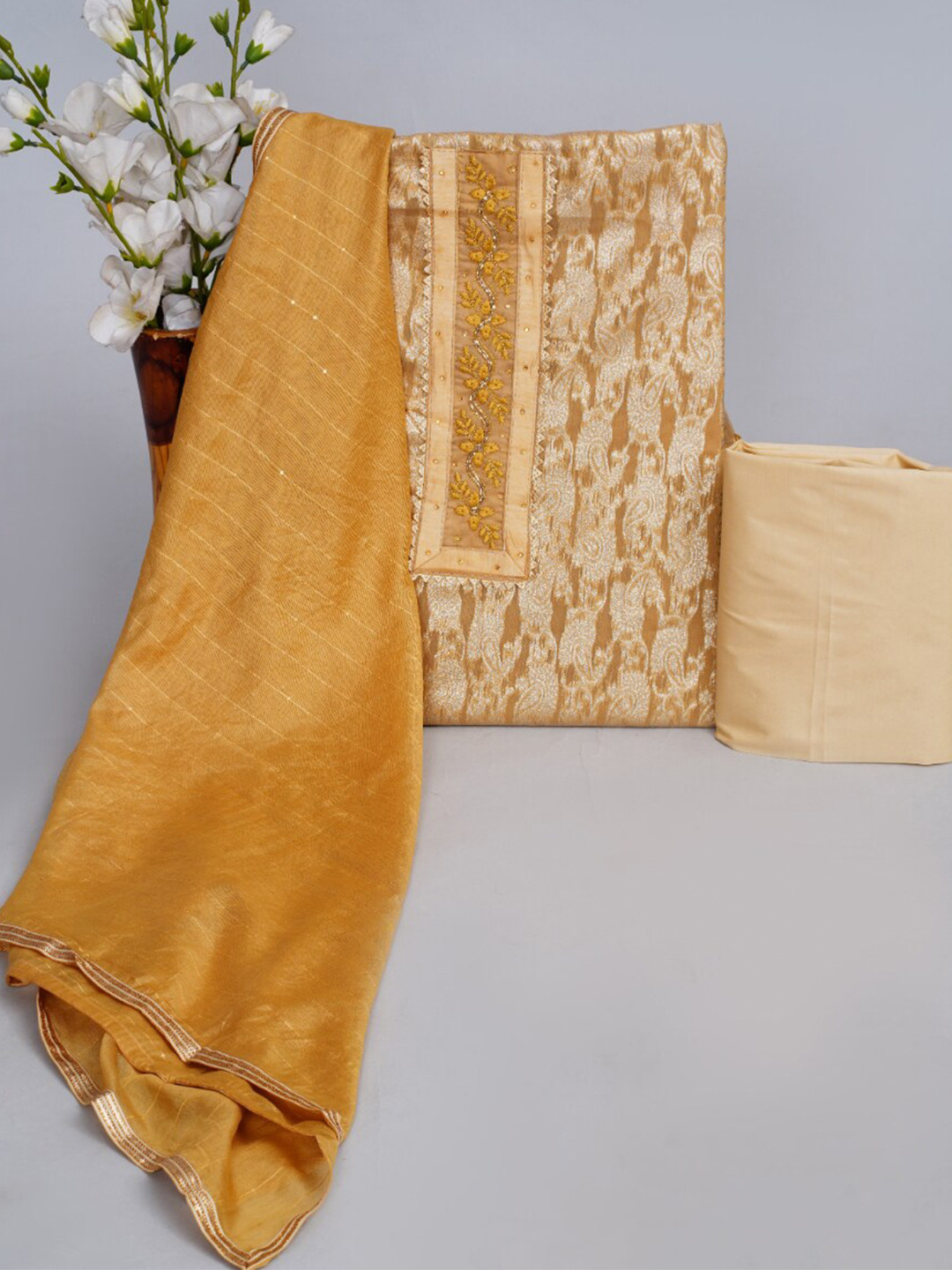 

KALINI Ethnic Motifs Woven Design Gotta Patti Chanderi Silk Unstitched Dress Material, Gold