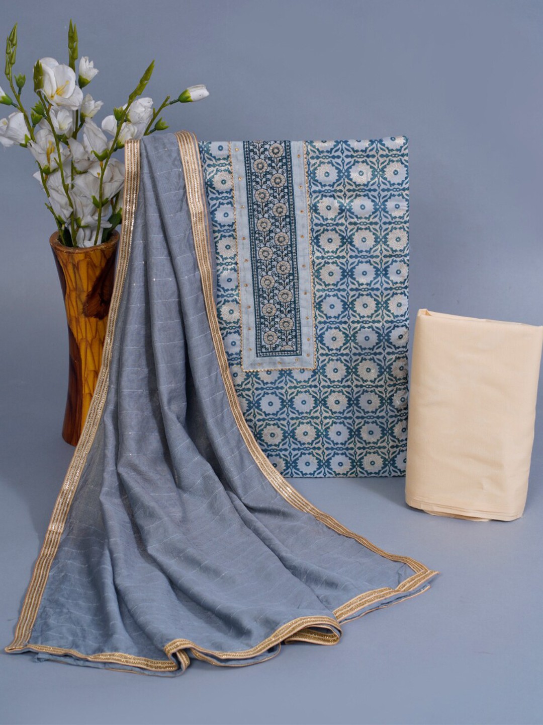 

KALINI Ethnic Motifs Woven Design Gotta Patti Chanderi Silk Unstitched Dress Material, Blue