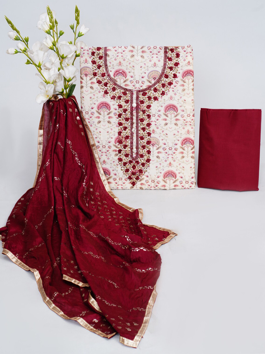 

KALINI Floral Printed Thread Work Detailed Chanderi Silk Unstitched Dress Material, Maroon