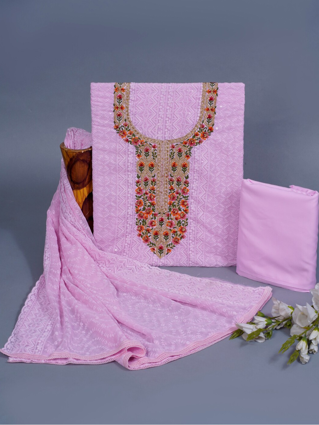 

KALINI Floral Embroidered Sequinned Pure Cotton Unstitched Dress Material, Pink
