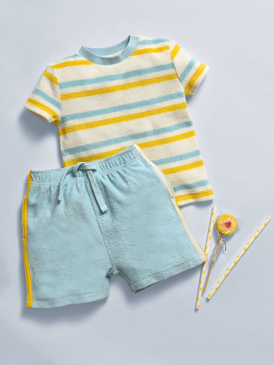 

MiArcus Boys Striped Pure Cotton T-shirt with Shorts, Blue