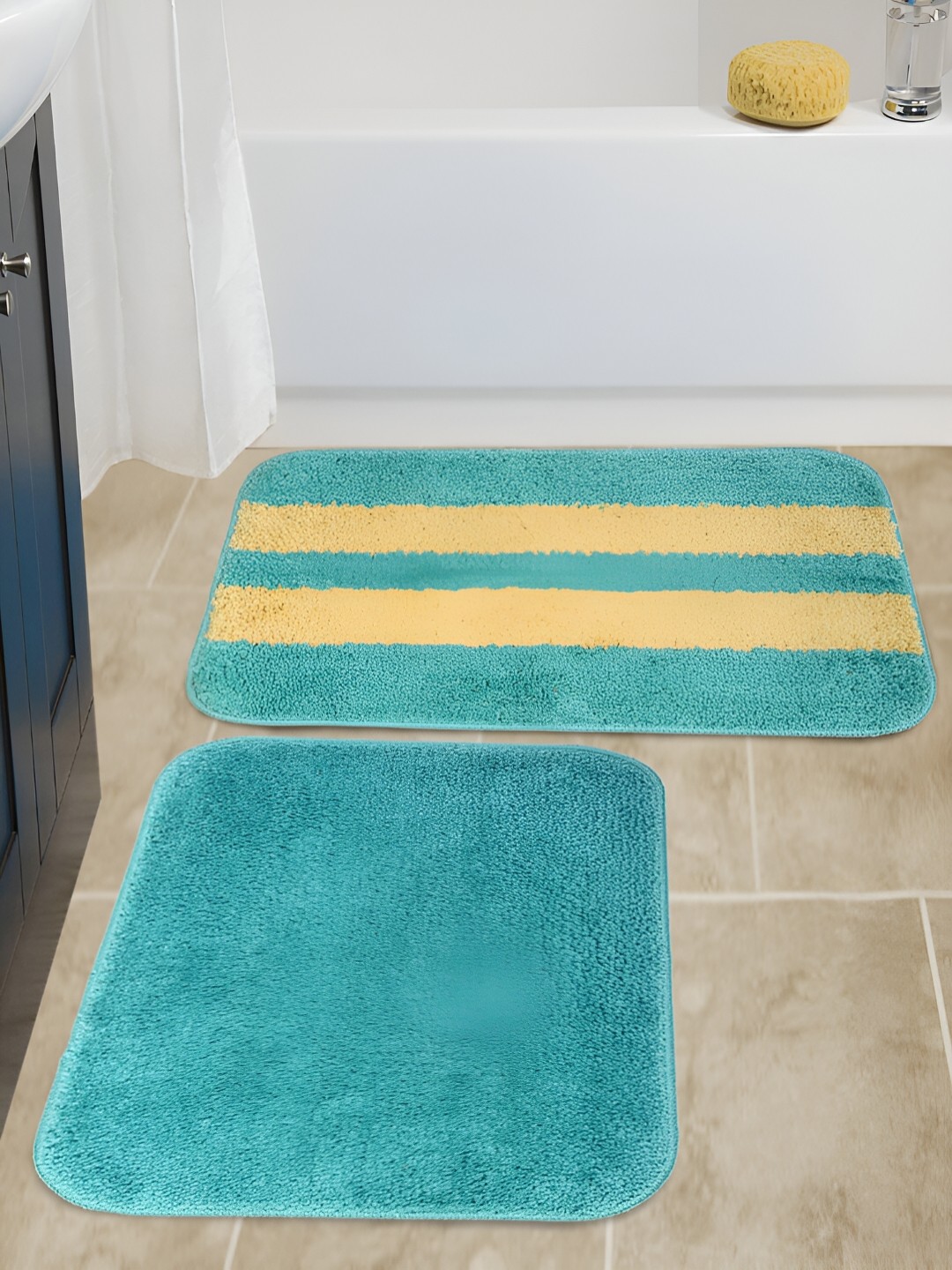 

HOSTA HOMES Sea Green & Yellow 2 Pieces Striped Microfibre Antiskid Doormats