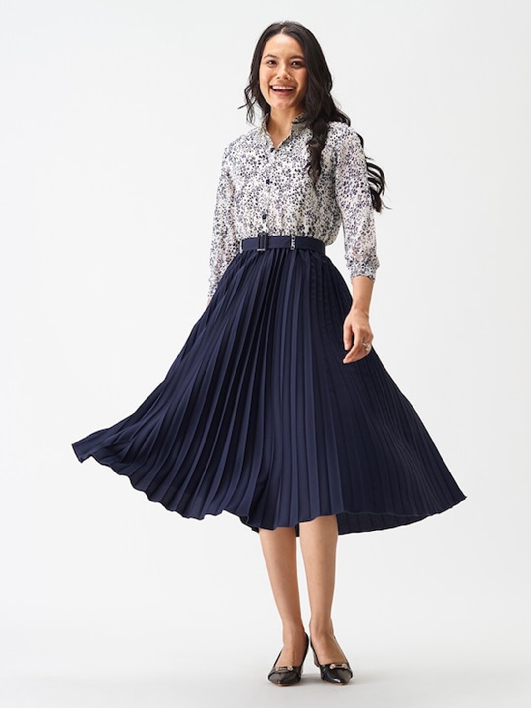 

BAESD Floral Print Shirt Collar Crepe Fit & Flare Midi Dress, Navy blue