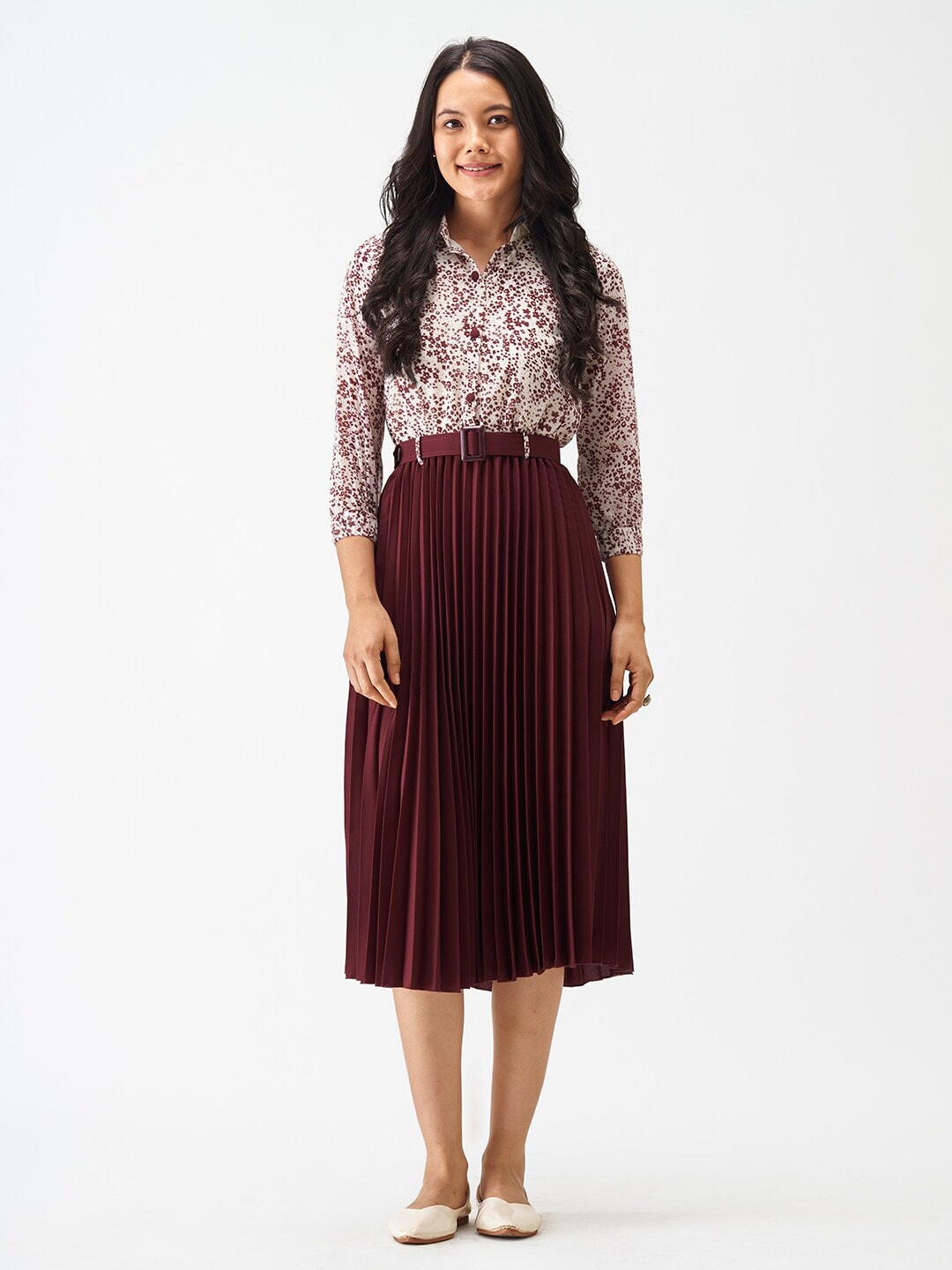 

BAESD Floral Print Shirt Collar Crepe Fit & Flare Midi Dress, Maroon