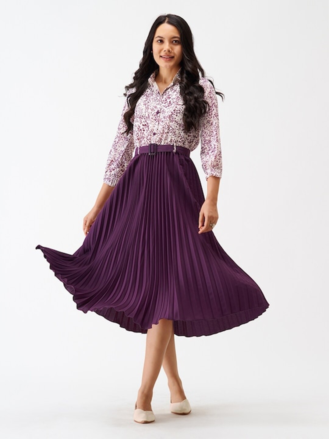 

BAESD Floral Print Shirt Collar Crepe Fit & Flare Midi Dress, Purple