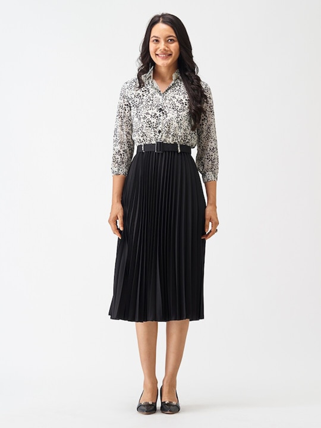 

BAESD Floral Print Shirt Collar Crepe Fit & Flare Midi Dress, Black