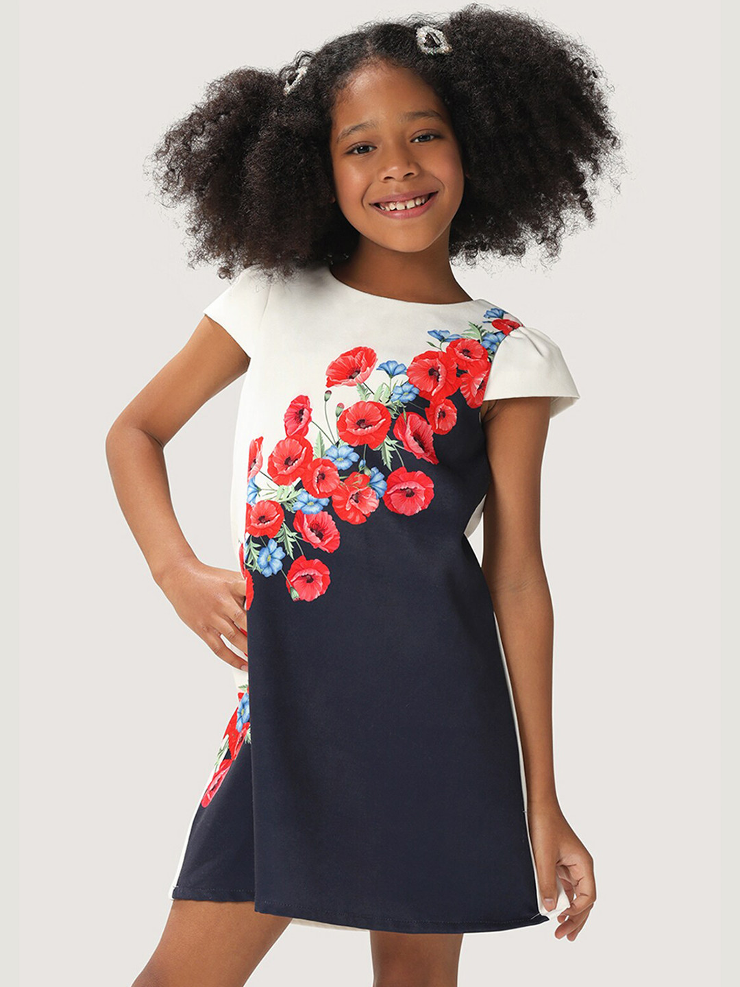 

One Friday Girls Floral Printed Round Neck Short Sleeves A-Line Dress, White