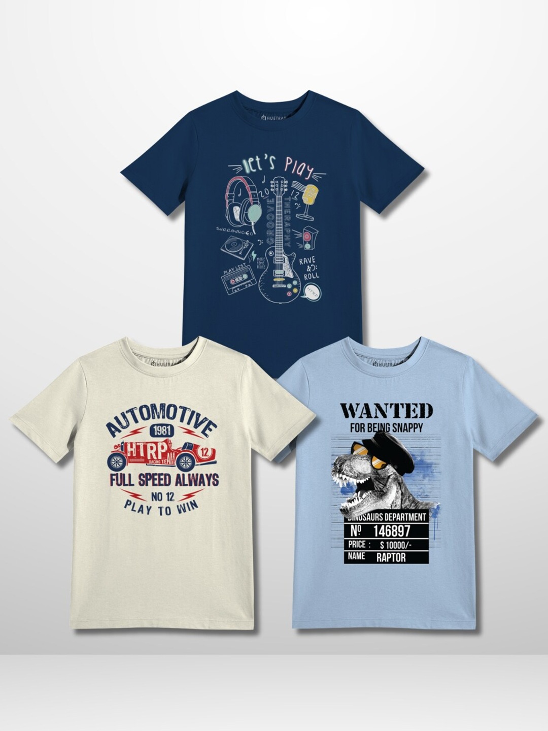 

Huetrap Boys Pack of 3 Graphic Printed Pure Cotton T-shirt, Navy blue