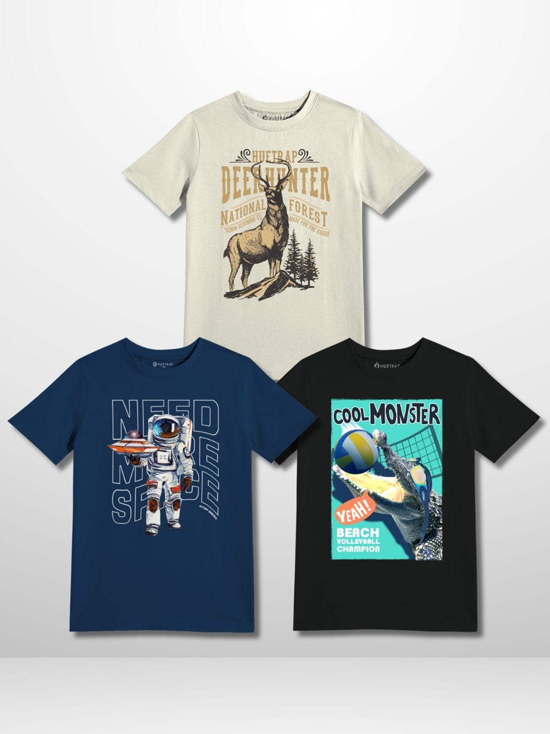 Huetrap Boys Pack of 3 Graphic Printed Pure Cotton T-shirt, Off white
