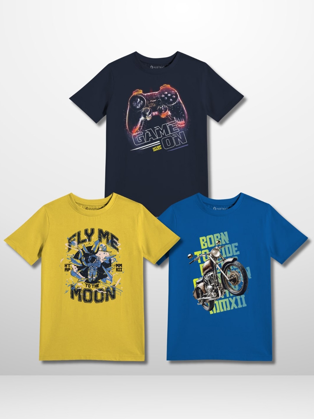 

Huetrap Boys Pack of 3 Graphic Printed Pure Cotton T-shirt, Navy blue