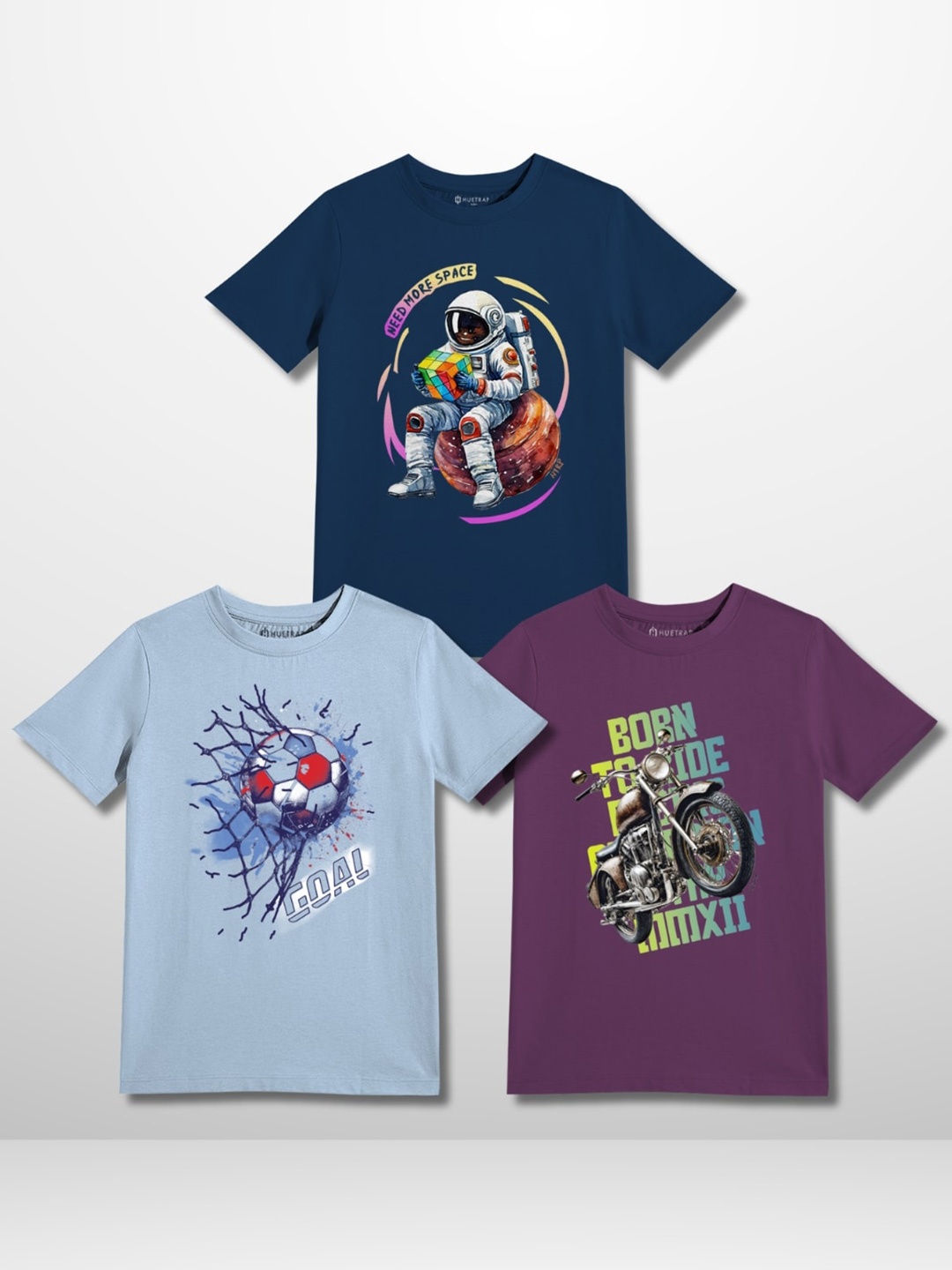 

Huetrap Boys Pack of 3 Graphic Printed Pure Cotton T-shirt, Navy blue