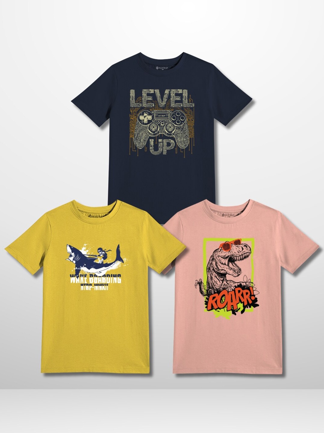 

Huetrap Boys Pack Of 3 Typography Printed Round Neck T-shirts, Navy blue