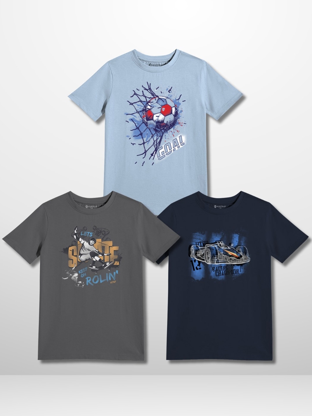 

Huetrap Boys Pack of 3 Graphic Printed Pure Cotton T-shirt, Blue