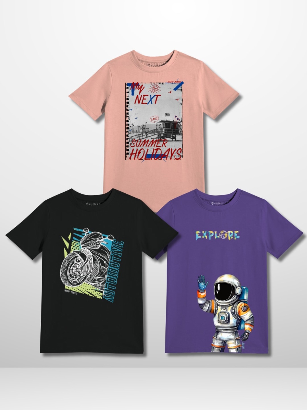 

Huetrap Boys Pack of 3 Graphic Printed Pure Cotton T-shirt, Coral