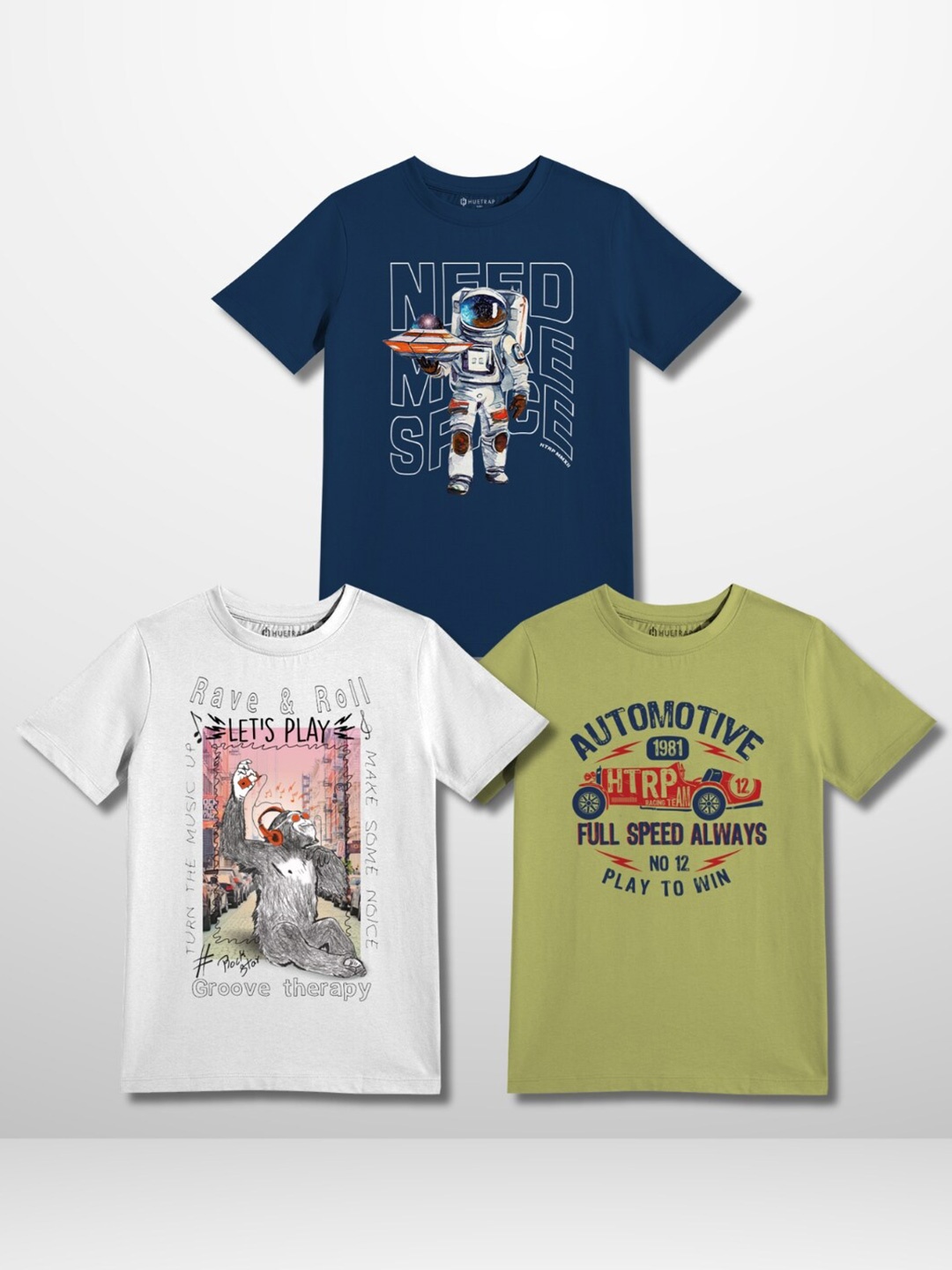 Huetrap Boys Pack of 3 Graphic Printed Pure Cotton T-shirt, Navy blue