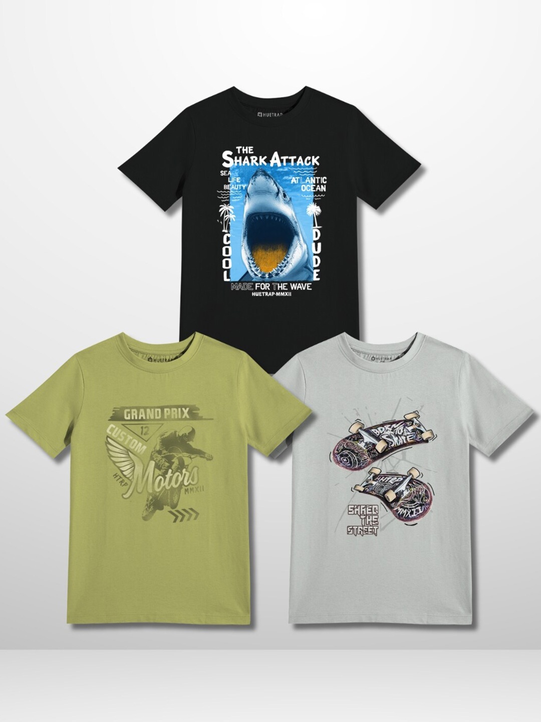 Huetrap Boys Pack of 3 Graphic Printed Pure Cotton T-shirt, Black