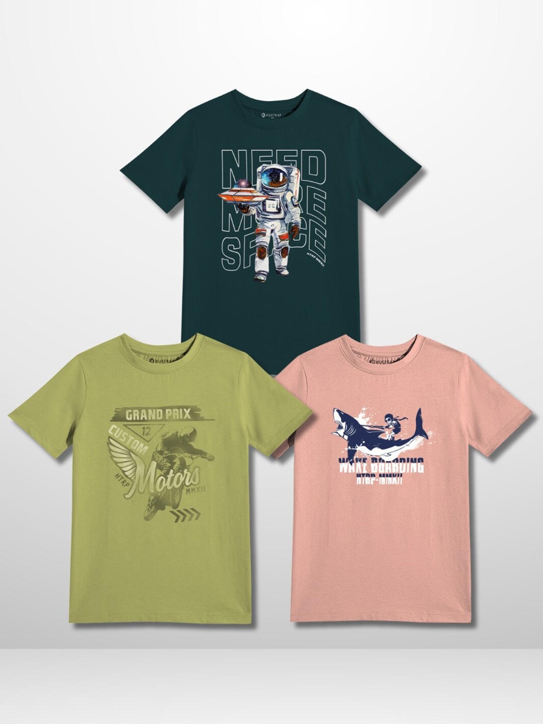 

Huetrap Boys Pack of 3 Graphic Printed Pure Cotton T-shirt, Teal