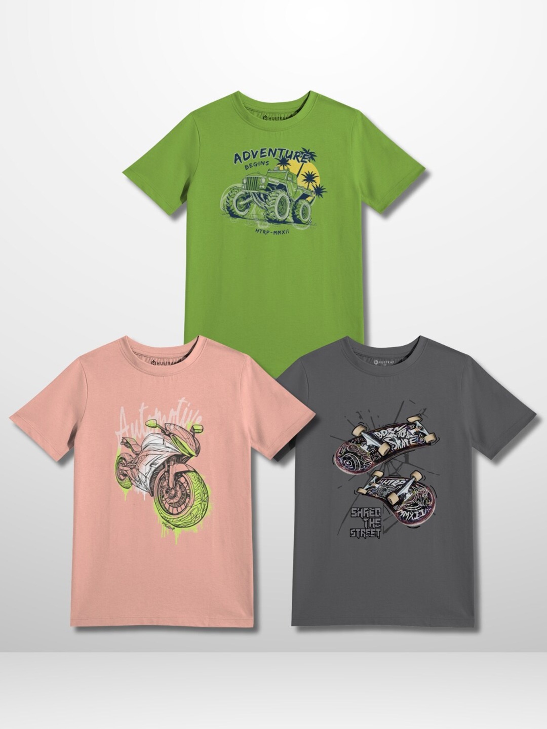 

Huetrap Boys Pack Of 3 Typography Printed Round Neck T-shirts, Green