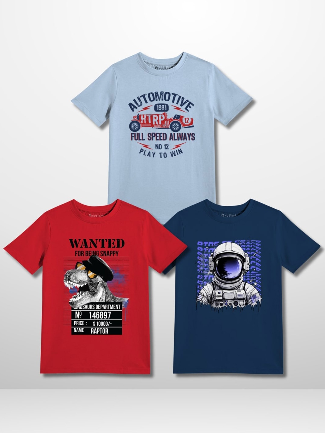 

Huetrap Boys Pack Of 3 Typography Printed Round Neck T-shirts, Blue