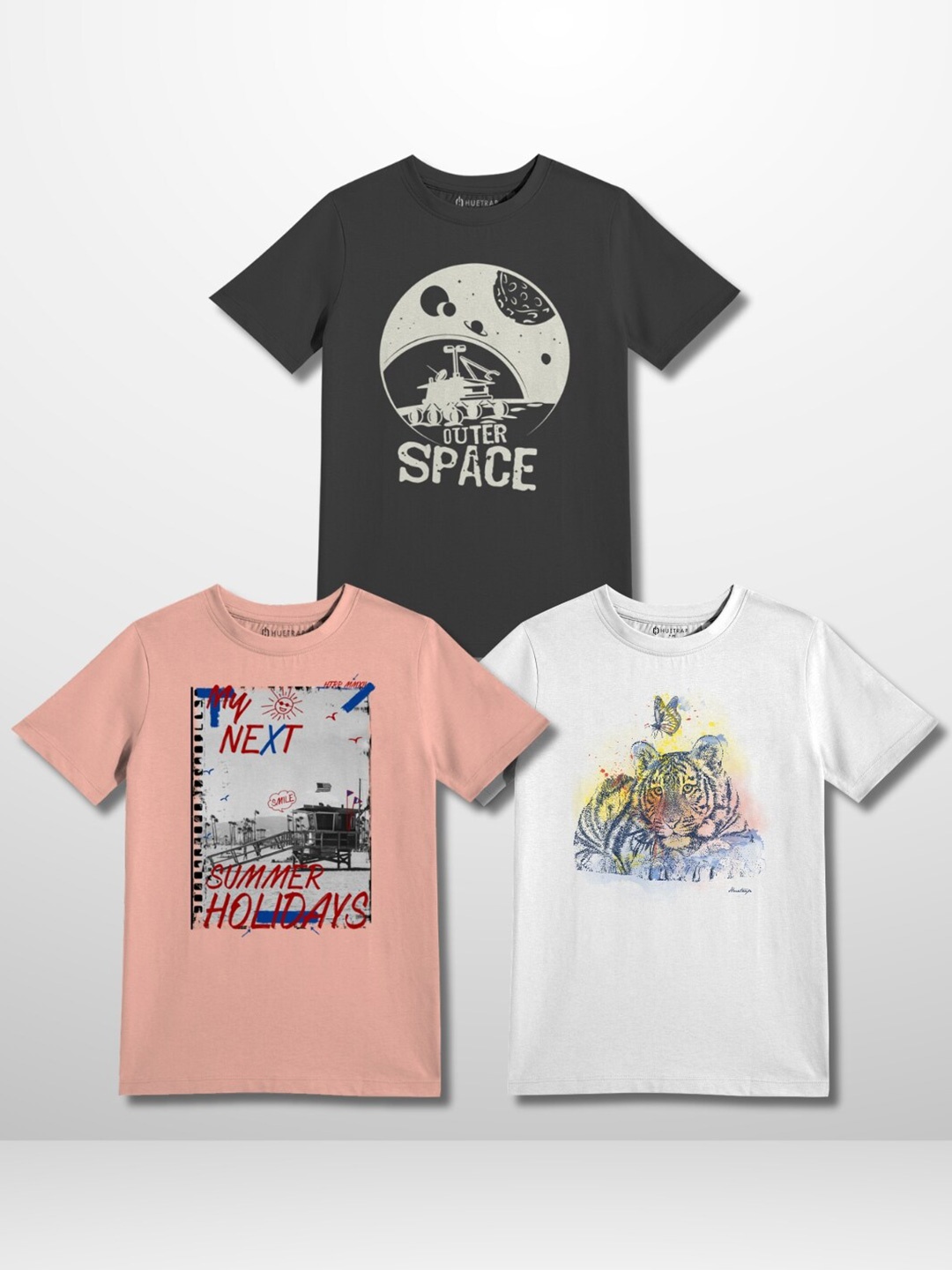 

Huetrap Boys Pack of 3 Graphic Printed Pure Cotton T-shirt, Grey
