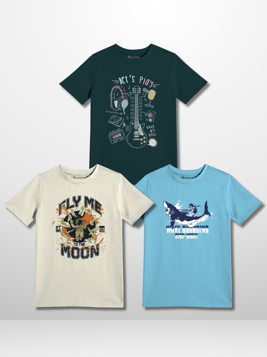 

Huetrap Boys Pack of 3 Graphic Printed Pure Cotton T-shirt, Teal
