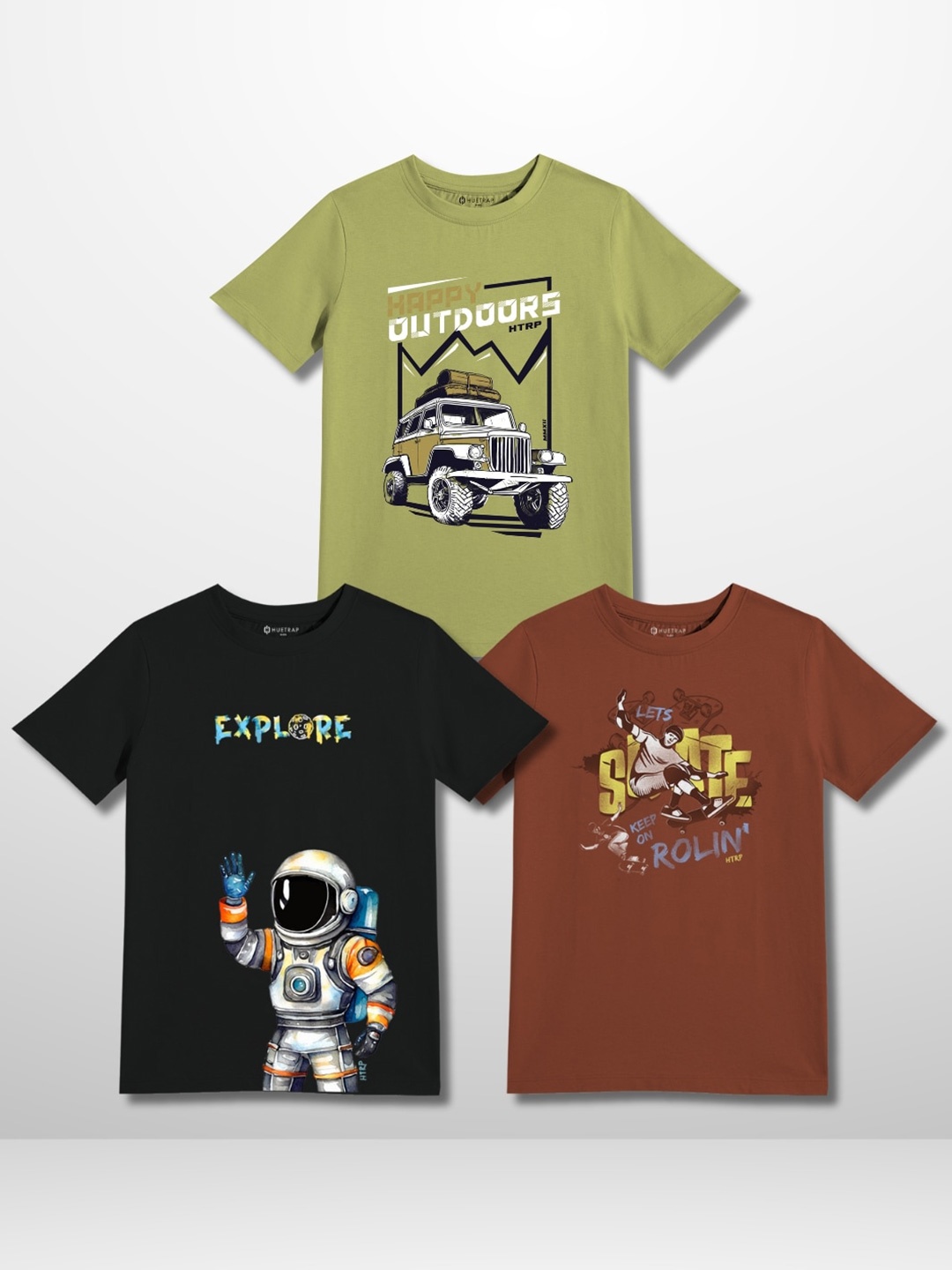 

Huetrap Boys Pack Of 3 Typography Printed Round Neck T-shirts, Olive