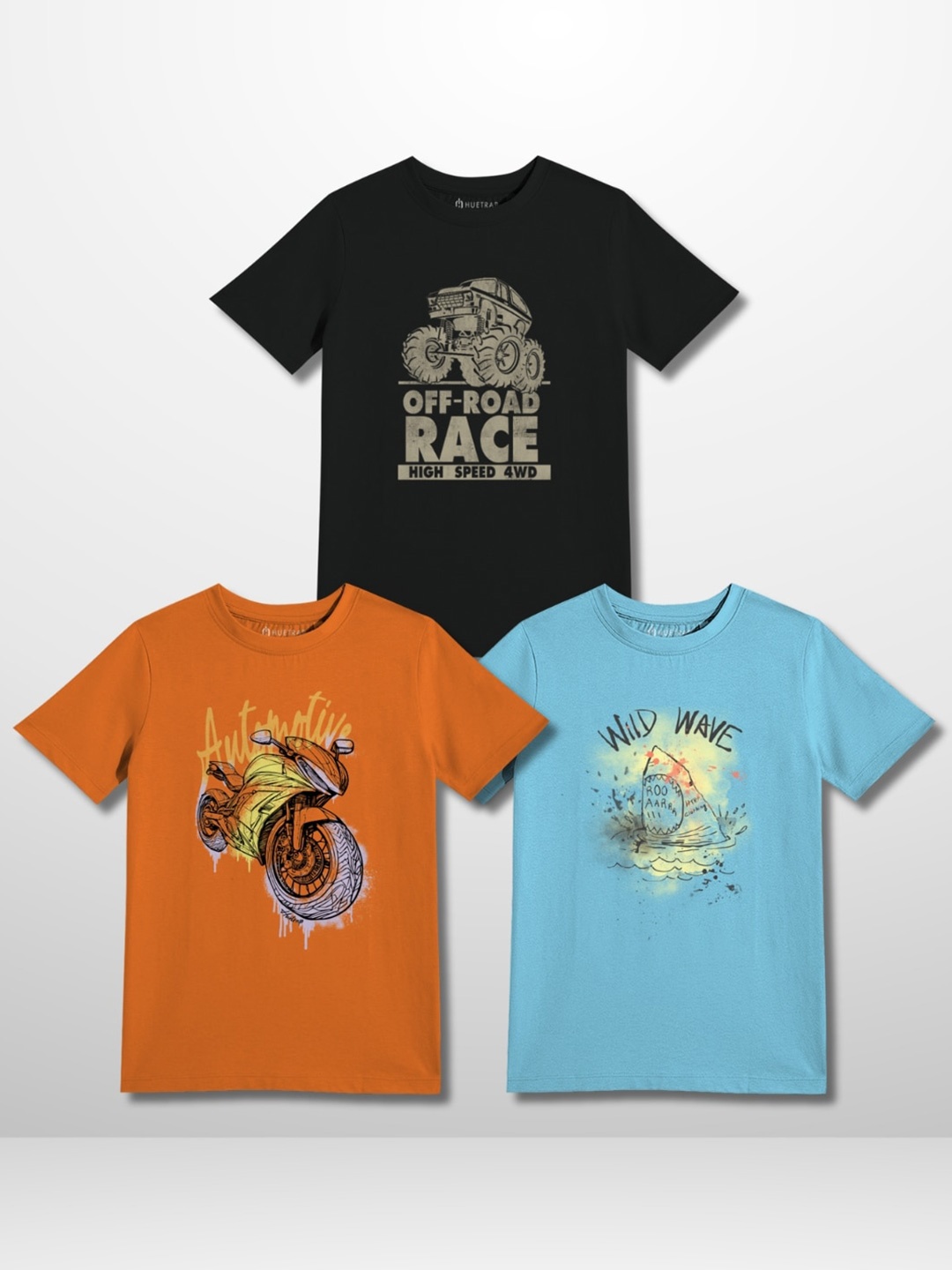 Huetrap Boys Pack of 3 Graphic Printed Pure Cotton T-shirt, Black