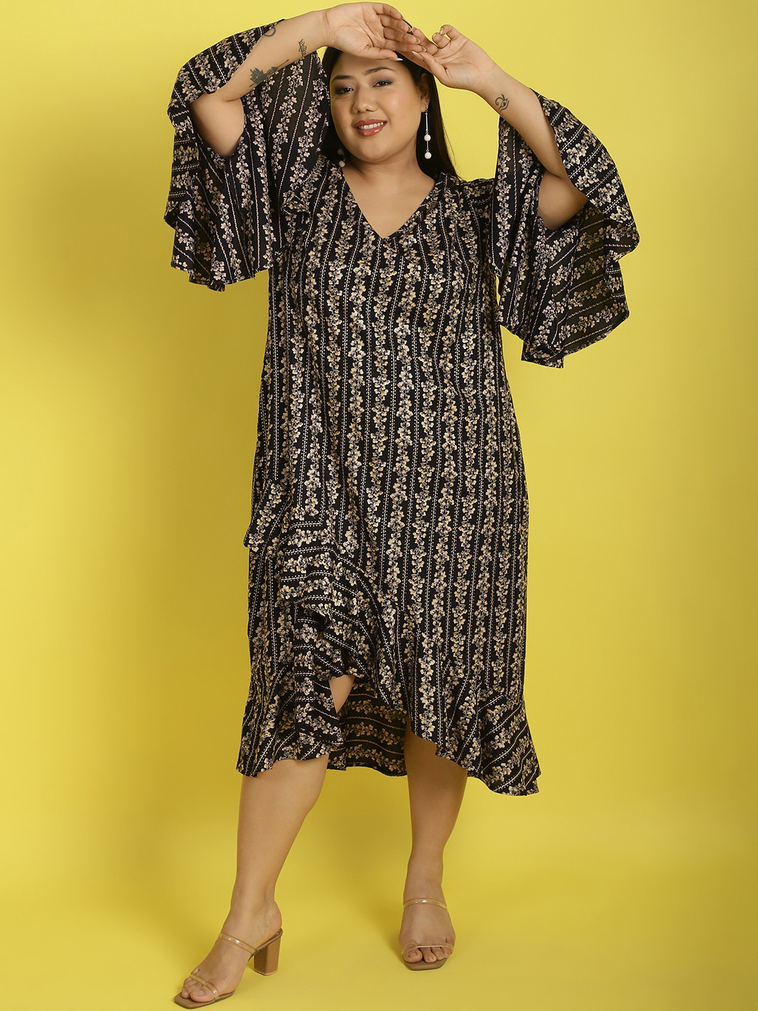 

theRebelinme Plus Size Printed Bell Sleeve Ruffled A-Line Midi Dress, Navy blue