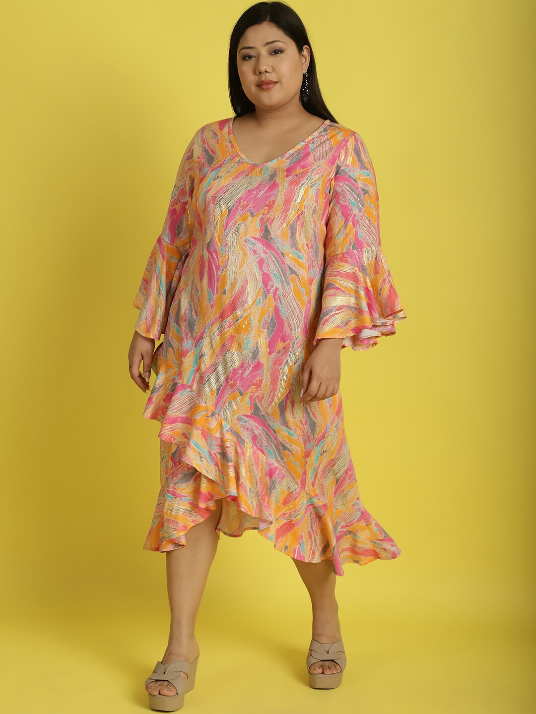 

theRebelinme Plus Size Floral Printed Bell Sleeve Ruffled Kaftan Midi Dress, Pink