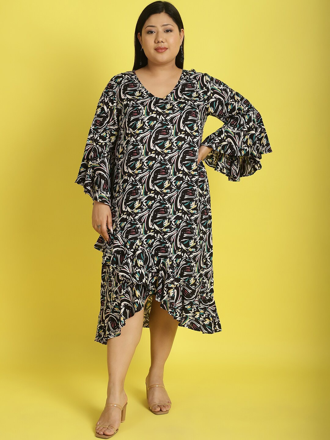 

theRebelinme Plus Size Printed Bell Sleeve Ruffled A-Line Midi Dress, Black