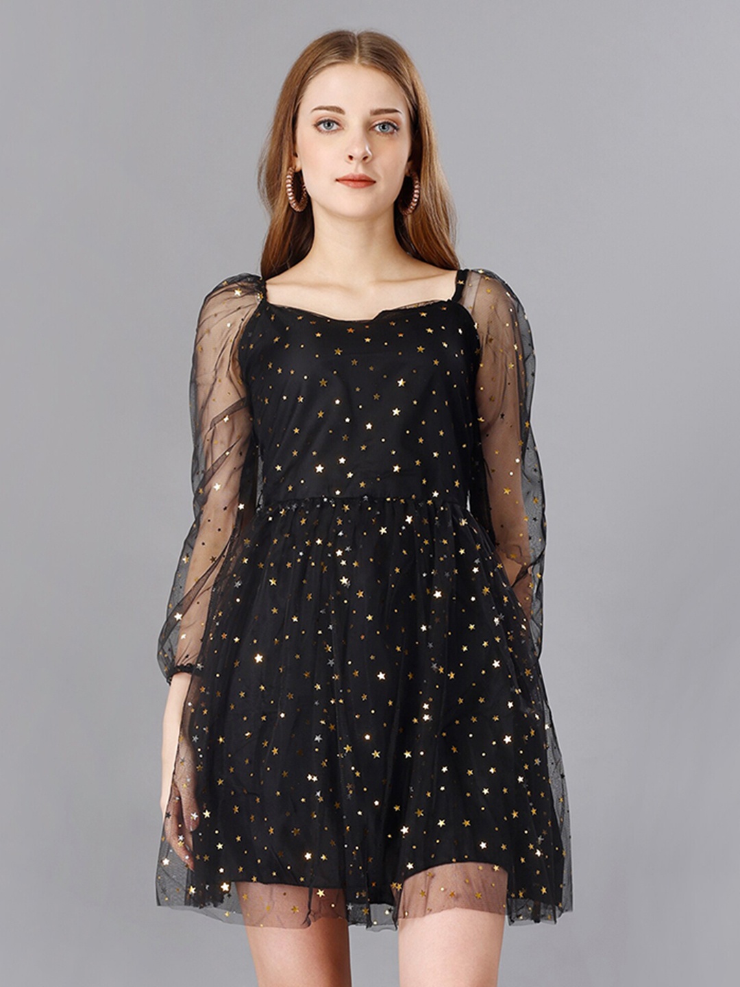 

SANJANA SILK Embellished Puff Sleeves Net Fit & Flare Dress, Black