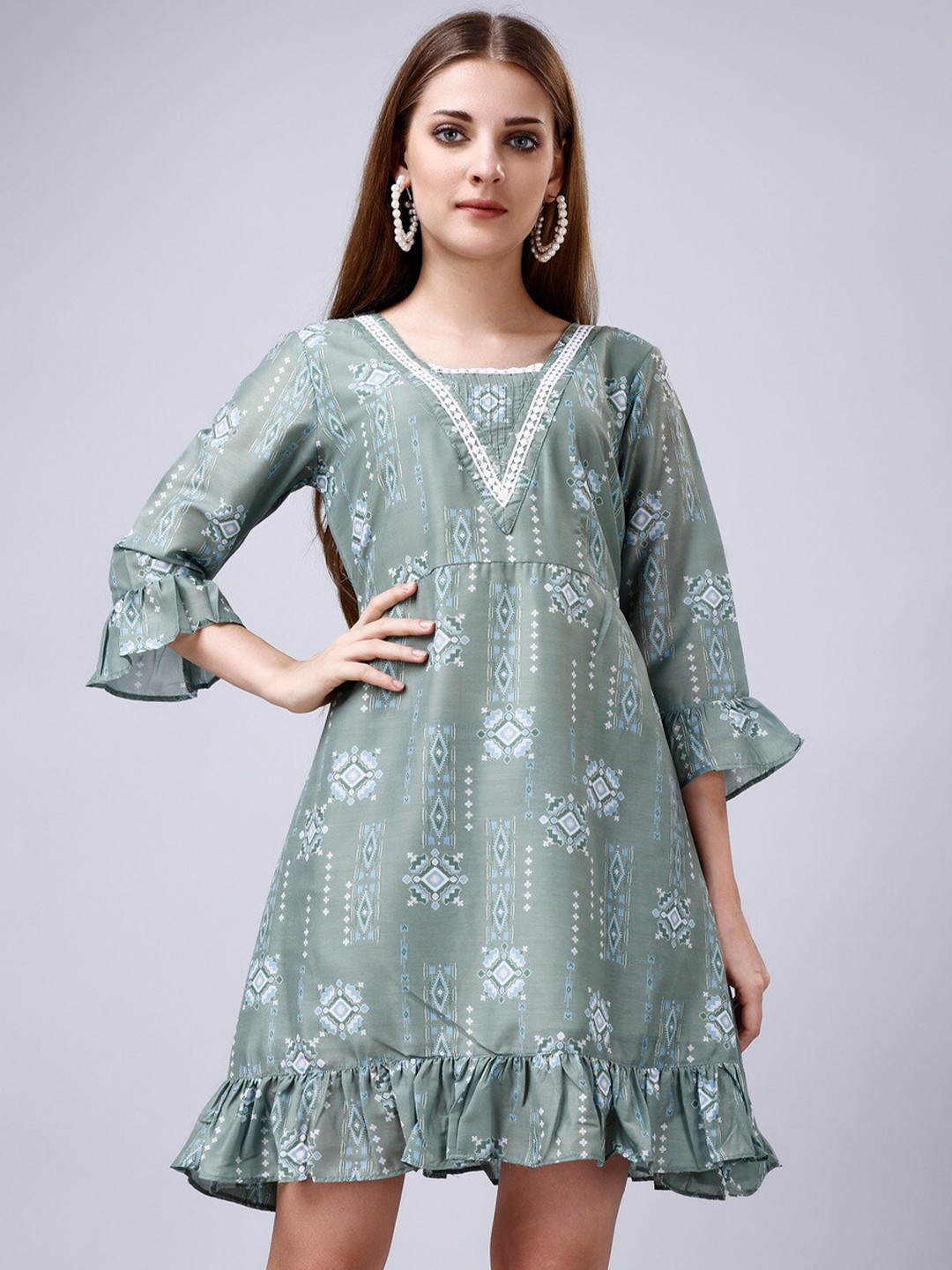 

SANJANA SILK Floral Print Bell Sleeve Fit & Flare Dress, Green