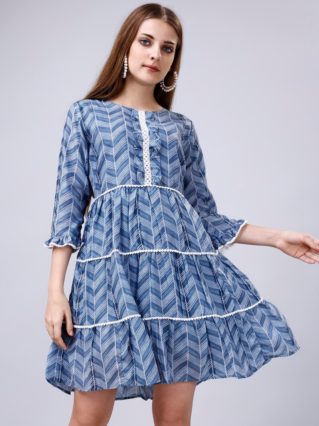 

SANJANA SILK Geometric Print Fit & Flare Dress, Blue