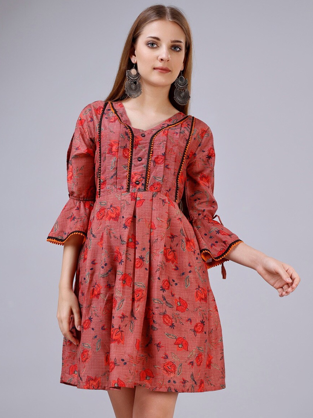 

SANJANA SILK Floral Print Bell Sleeve Fit & Flare Dress, Red