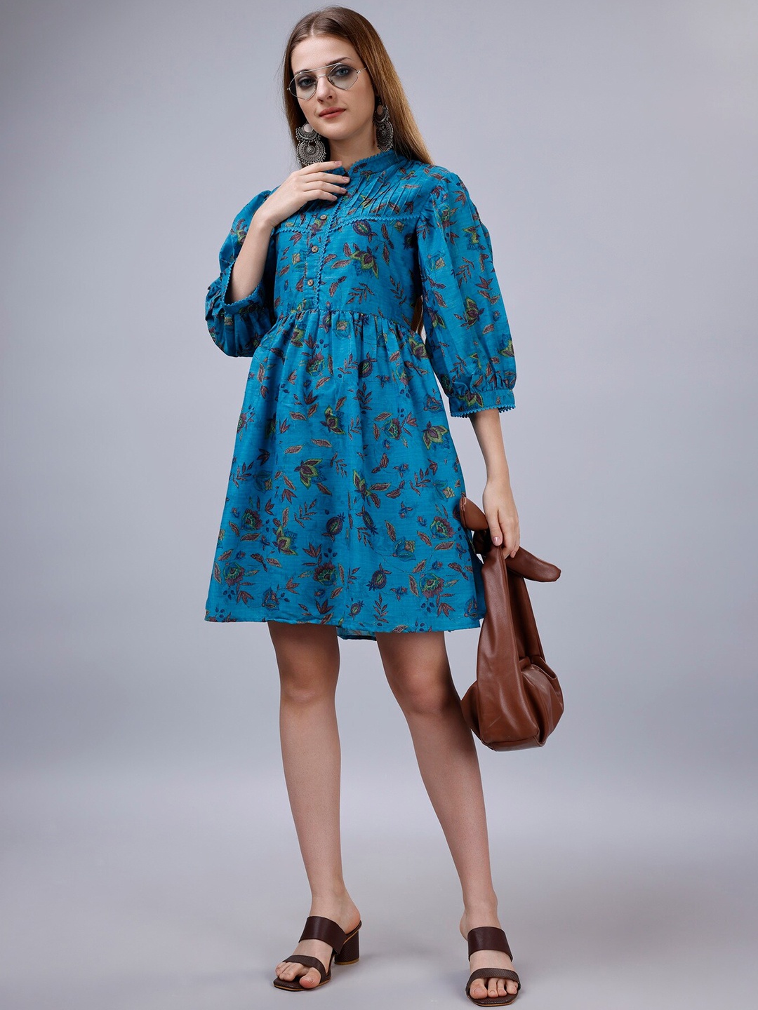 

SANJANA SILK Floral Printed Puff Sleeve Fit & Flare Dress, Blue