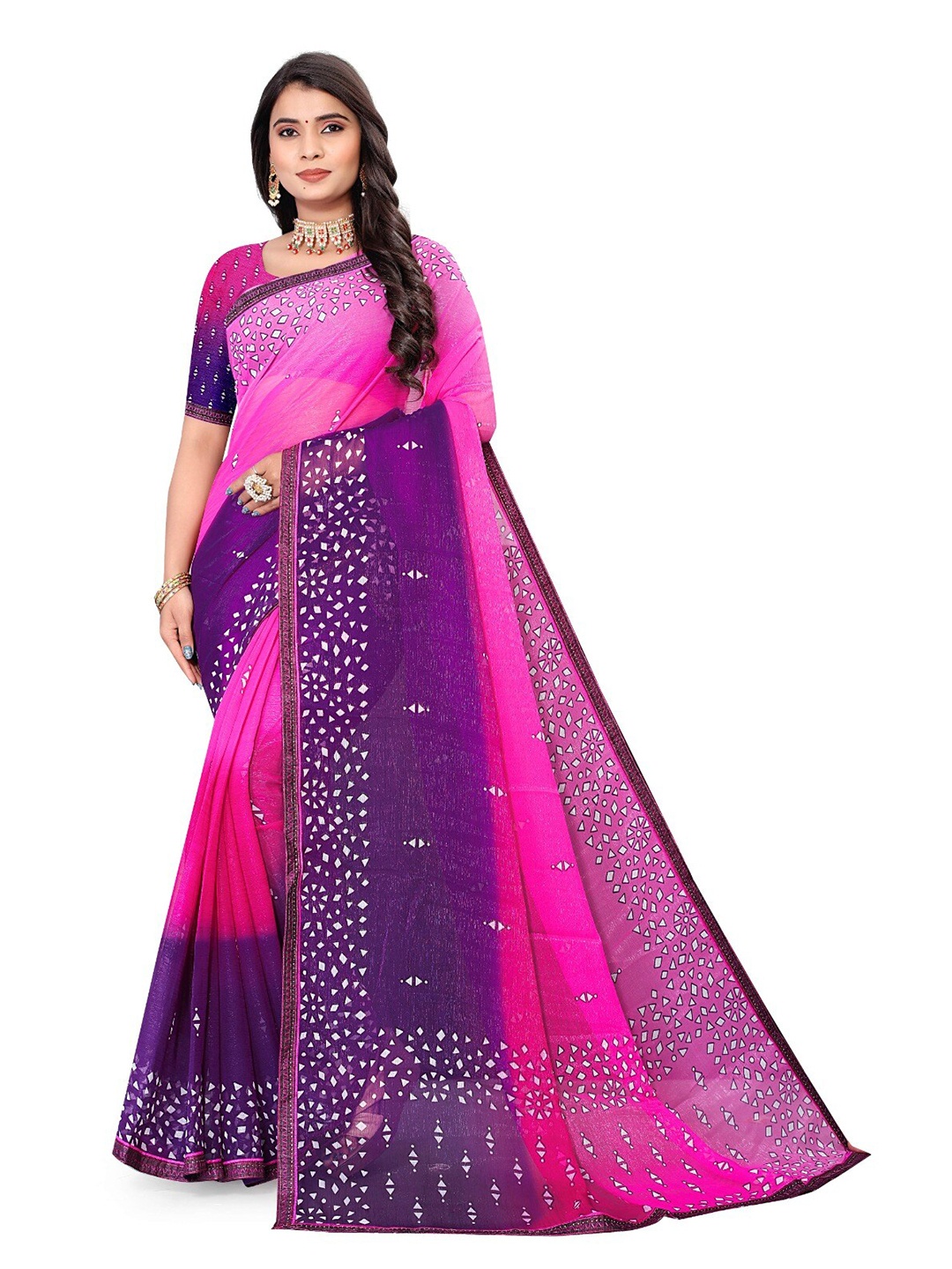 

V TEX SAREES Geometric Printed Pure Chiffon Saree, Pink