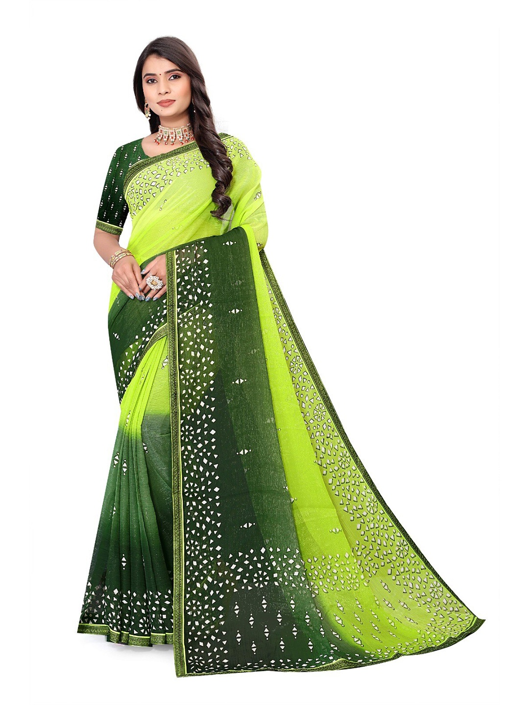 

V TEX SAREES Geometric Printed Pure Chiffon Saree, Lime green