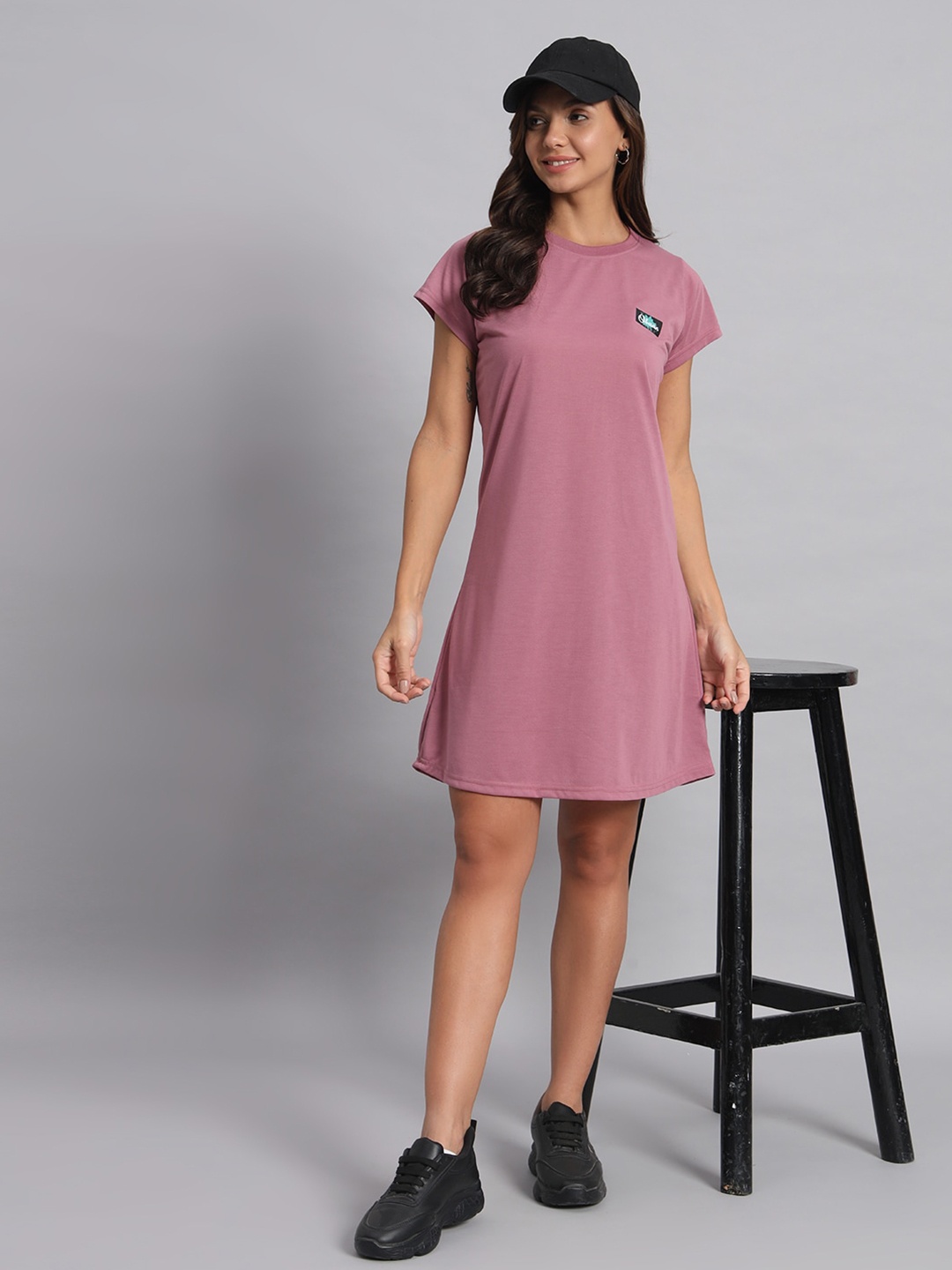 

Obaan Round Neck Short Sleeves Cotton A-Line Dress, Purple