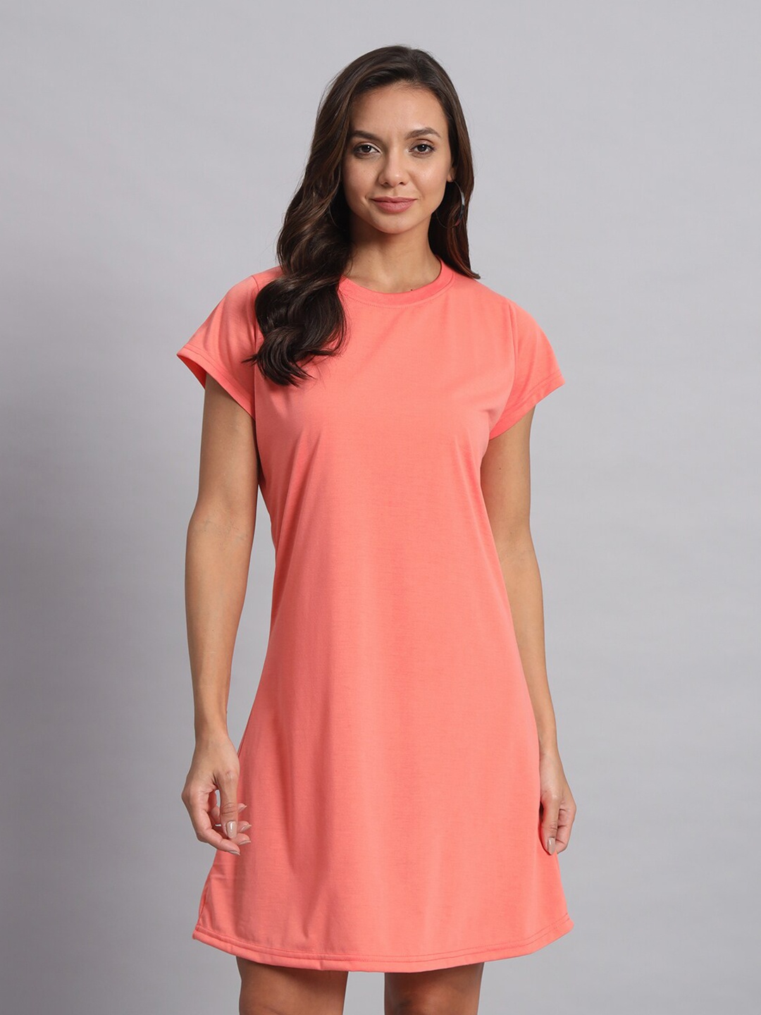 

Obaan Round Neck Short Sleeves Cotton A-Line Dress, Peach