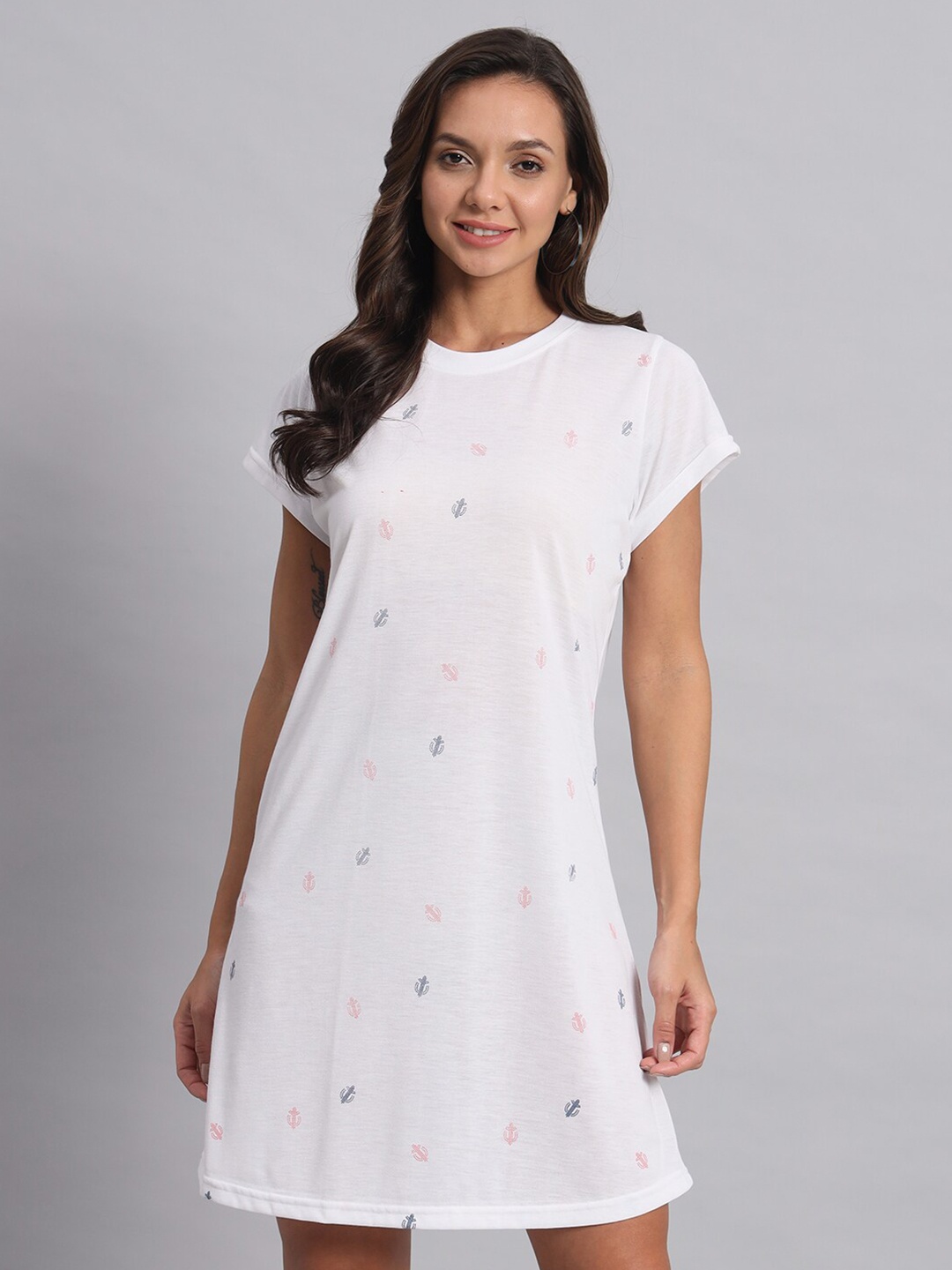 

Obaan Printed Striped Round Neck Short Sleeves Cotton T-shirt Dress, White