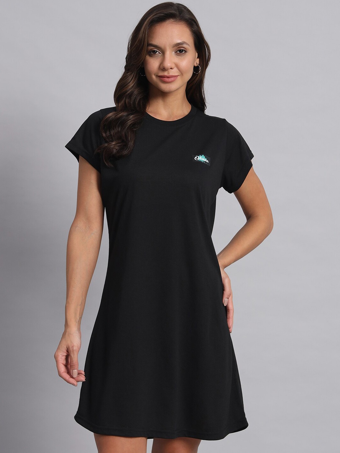 

Obaan Round Neck Short Sleeves Cotton T-shirt Dress, Black