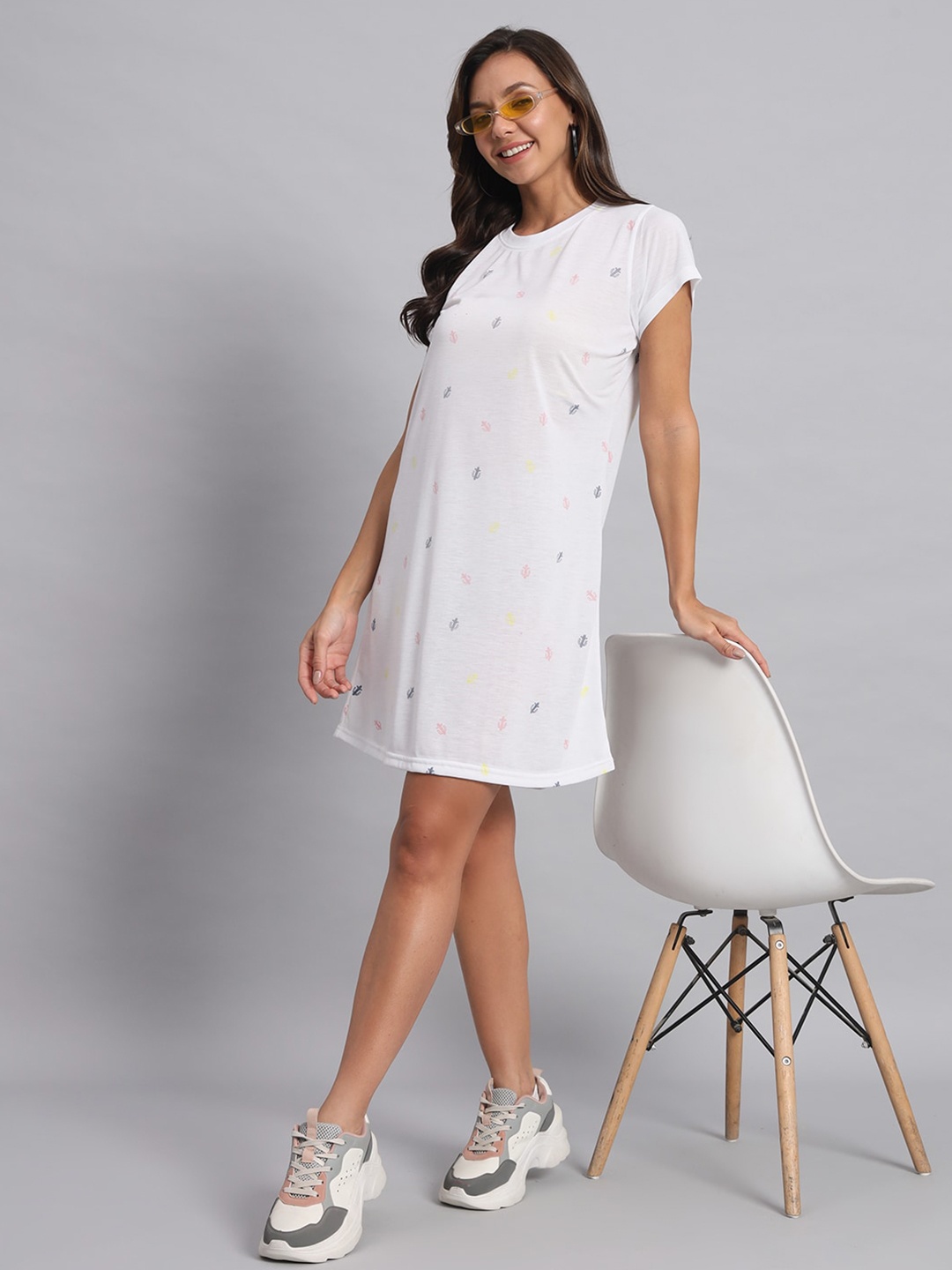 

Obaan Printed Round Neck Short Sleeves Cotton A-Line Dress, White