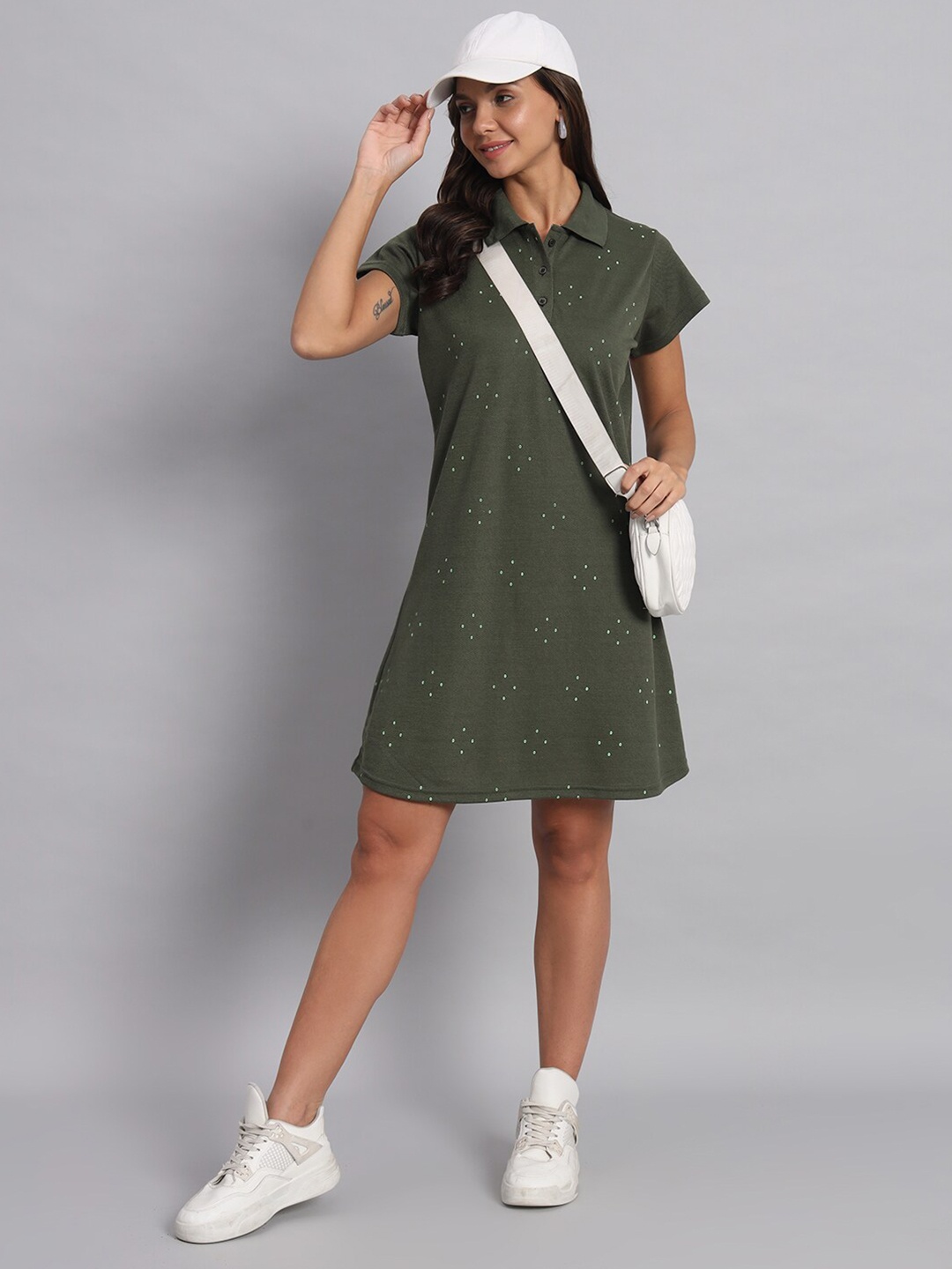 

Obaan Shirt Collar Short Sleeves Cotton A-Line Dress, Olive