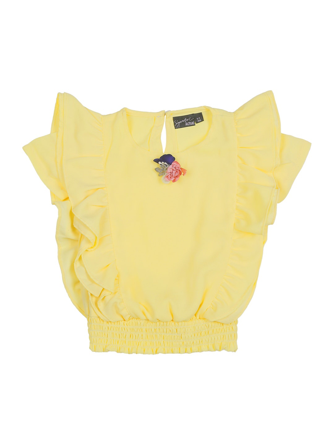 

Actuel Girls Round Neck Short Sleeves Cotton Semi Sheer Spaghetti Top, Yellow