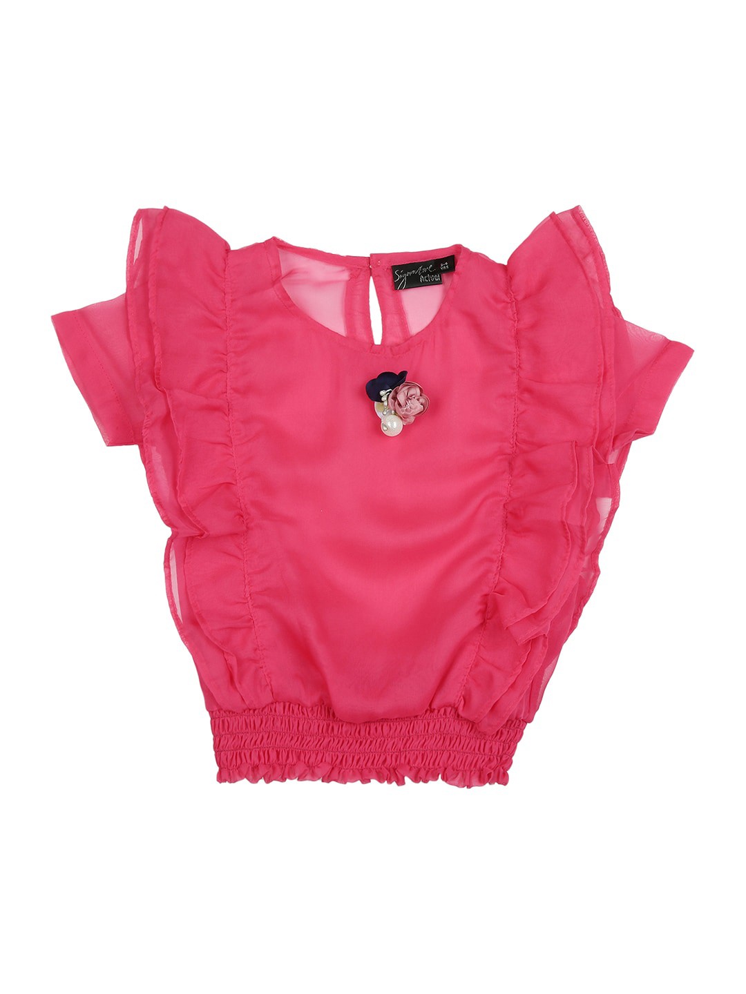 

Actuel Girls Round Neck Short Sleeves Semi Sheer Top, Pink
