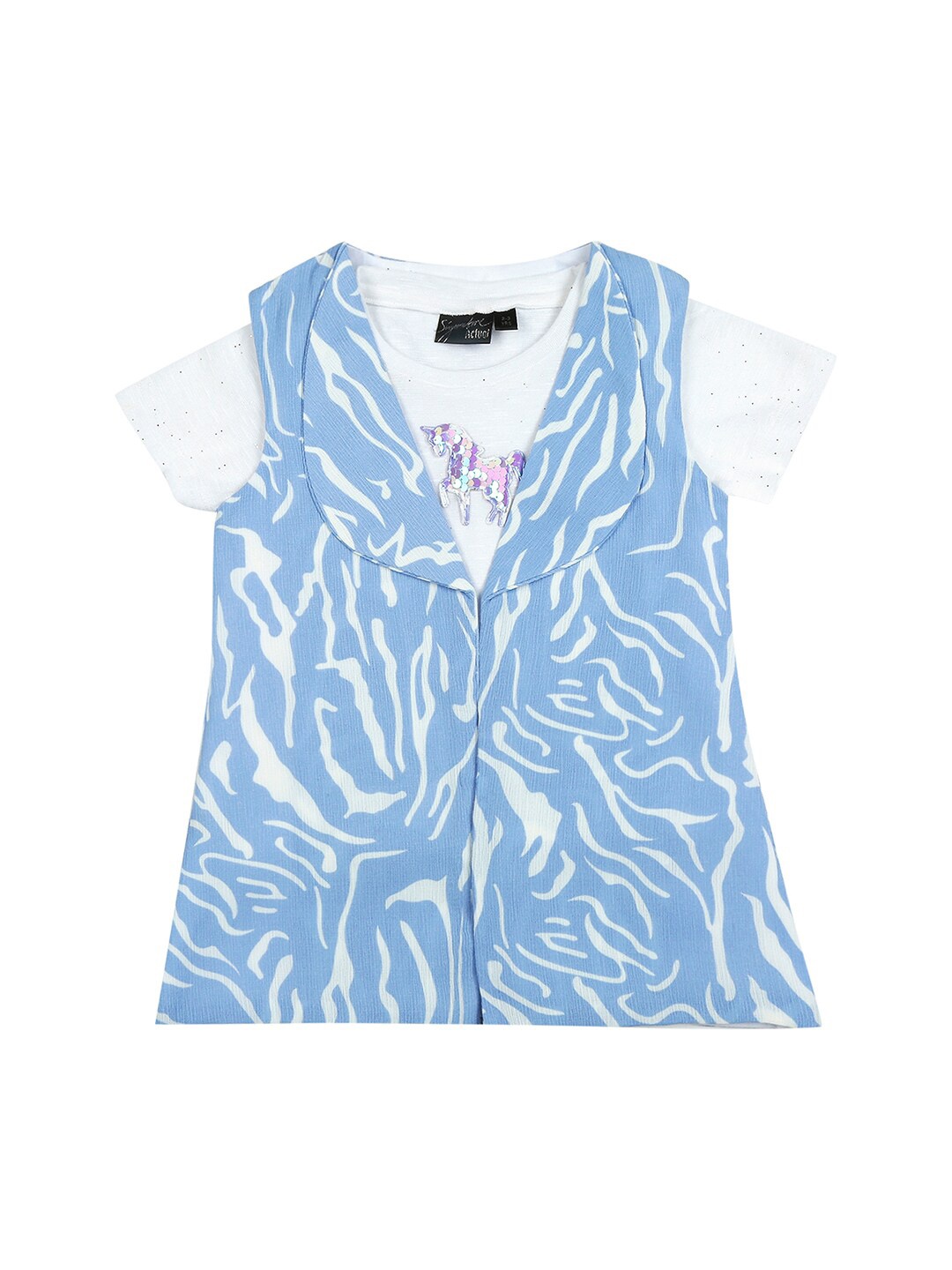 

Actuel Girls Abstract Printed Round Neck Short Sleeves Crepe Top, Blue