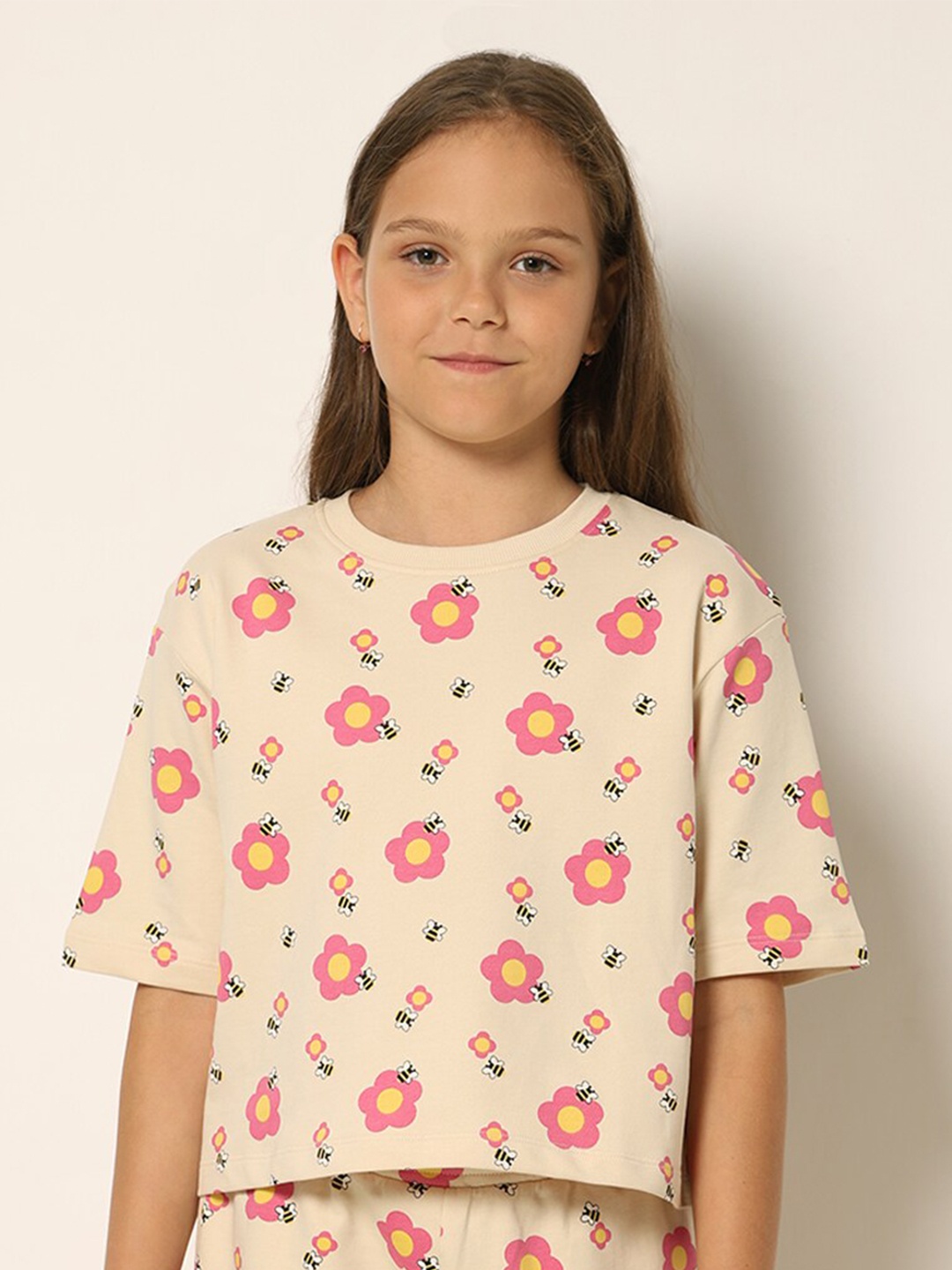 

Vero Moda Girls Floral Printed Round Neck Cotton T-shirt, Beige